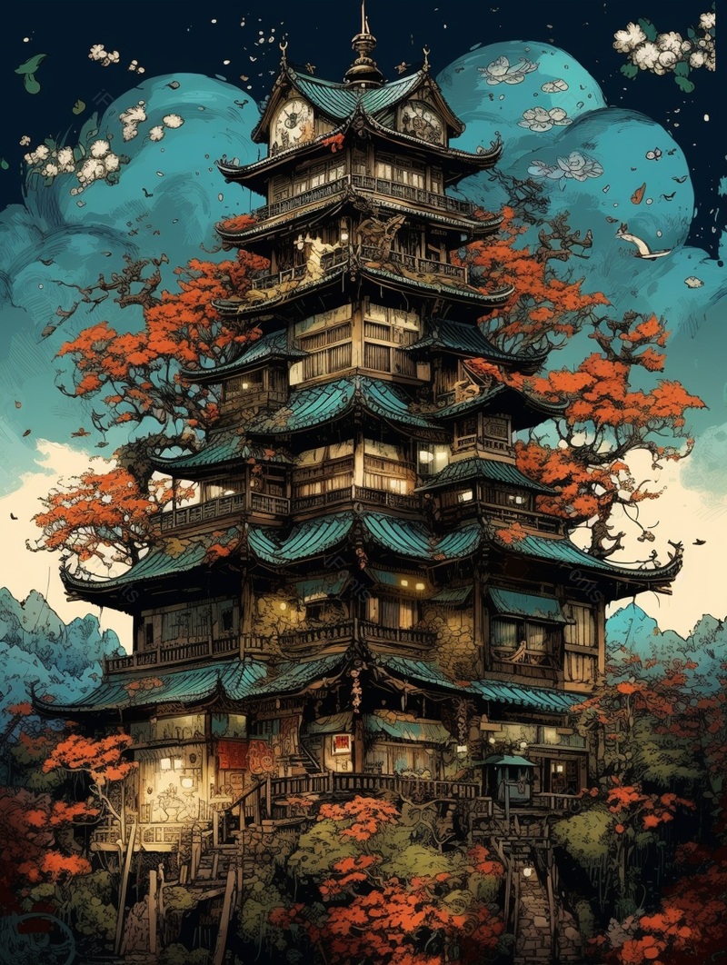 夜晚古代的中国风建筑古典插画背景,插画/手绘图,插画/手绘图库,插画/手绘图下载,插画/手绘